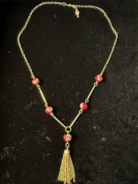 Sarah Coventry Gold Tassel Necklace with Red Floral Beads